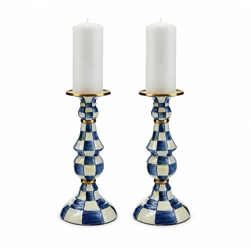 Mackenzie Childs Royal Check Large Blue and White Candlestick Set of 2 New